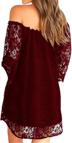 Miniatura 2 de OURS Mini vestido suelto de encaje con hombros descubiertos y manga de 34 para mujer