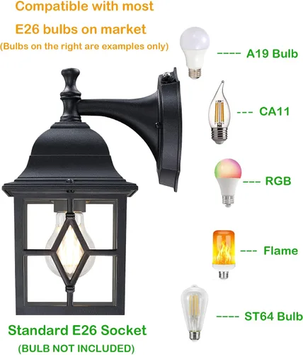 Miniatura 4 de LIT-PaTH Farol de pared para exteriores del atardecer al amanecer, lámpara de pared exterior grande negro mate, base E26, iluminación de porche