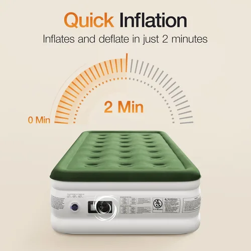 Miniatura 3 de Zearna Colchón de aire tamaño twin con bomba incorporada, colchón inflable resistente de 16", colchón de aire inflable con superficie superior Verde