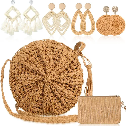 Sweetude Bolso de mano de paja para mujer, juego de aretes de ratán, bolsa de paja de verano, playa, bolso bohemio, cartera tejida para vacaciones