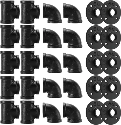 Accesorios de tubería negros de 3/4", Home TZH - Juego de 30 unidades de brida de piso/codo/camiseta para estilo vintage industrial,