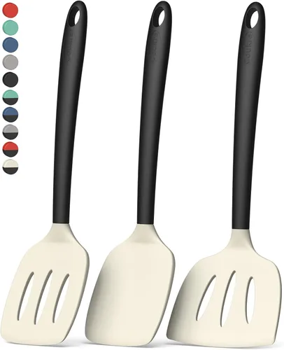 Miniatura 12 de Coukre Juego de 3 espátulas de silicona, resistentes al calor, sin BPA, espátula de pescado, espátula sólida y ranurada para sartenes negro puro