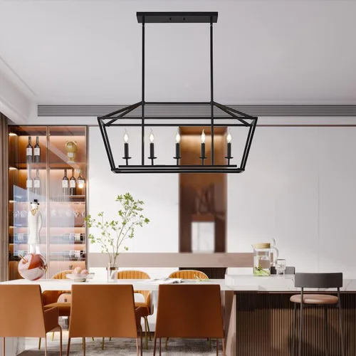 Miniatura 3 de XILICON Candelabro rectangular para isla de cocina, lámpara lineal de 5 luces, para comedor, casa de campo, color negro, moderno, industrial