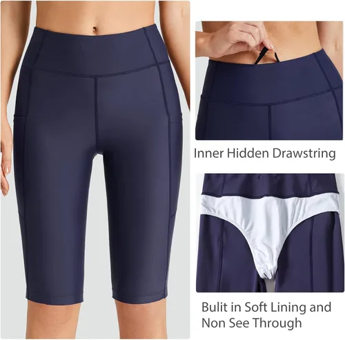 Miniatura 4 de BALEAF Pantalones cortos de natación largos hasta la rodilla para mujer UPF 50+ de cintura alta, pantalones capri con bolsillos