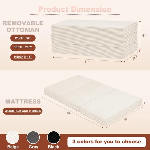 Miniatura 2 de Colchón plegable de tres pliegues de 6 pulgadas, sofá cama plegable con funda extraíble lavable, colchón de futón portátil de tamaño completo