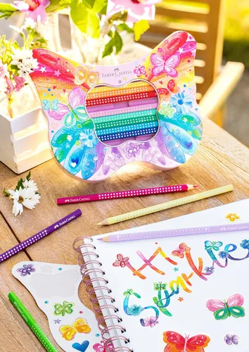 Miniatura 9 de Faber-Castell Set de regalo – Lápices de colores brillantes en lata con forma de mariposa – 20 lápices con calcomanías