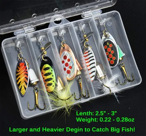 Miniatura 7 de Señuelo de pesca Spinnerbait, róbalo, trucha, salmón, cebo de metal duro giratorio, set con 2 cajas de anzuelos por Tbuymax, 10