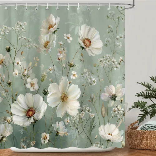 Miniatura 10 de Cortina de ducha bohemia con estampado floral negro y dorado, juego de cortinas de baño de tela impermeable con ganchos, 72 x 72 pulgadas