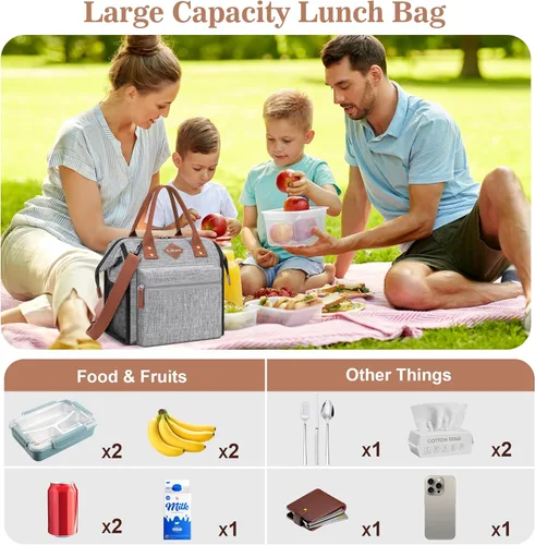 Miniatura 3 de LOKASS Lonchera a prueba de fugas para mujeres, bolsa térmica aislante para almuerzo, bolsa térmica para almuerzo con correa de hombro extraíble