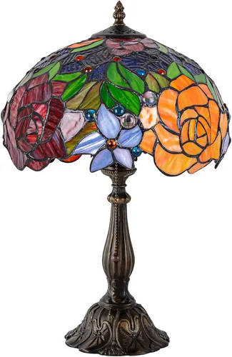 Miniatura 7 de Tiffany Style Stained Glass Table Lamp, Floral Pattern Desk Light with Antique Bronze Resin Base, Red Roses Decorative Lighting for Bedroom, Living