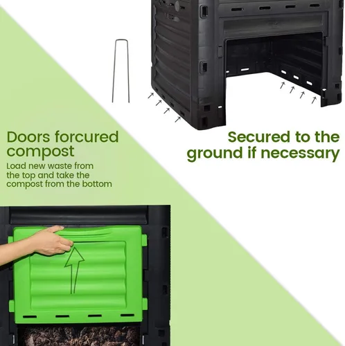 Miniatura 4 de Contenedor de compostaje estático de gran capacidad de 80 galones (300 litros), compostador de residuos verde bosque para exteriores con escotilla
