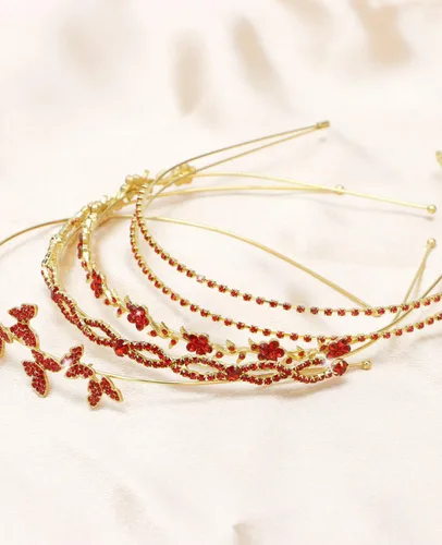 Miniatura 6 de Wecoe Paquete de 4 Diademas - Diadema de novia con diamantes de imitación rojos para niña, diadema de boda con cristales, diadema de hojas y Banda