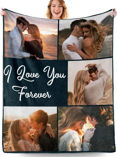 Miniatura 11 de Manta personalizada con fotos, manta personalizada con fotos con texto en inglés "I Love You", regalo de cumpleaños para novia, novio, esposa