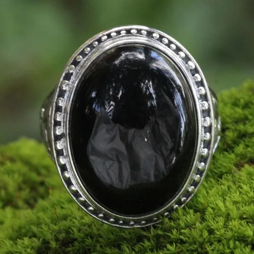Miniatura 2 de NOVICA Onyx - Anillo floral de plata de ley 925, color negro