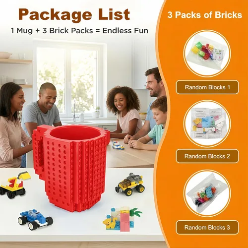 Miniatura 4 de Lumsburry Taza de café de ladrillo integrada, divertida taza de bricolaje con bloques de construcción creativa para niños, hombres y mujeres, Rojo
