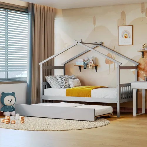 Miniatura 14 de JIVOIT Cama de plataforma de madera con dos cajones, cama de casa tamaño individual con diseño de techo, patas de pino macizo, cabecera y estribo
