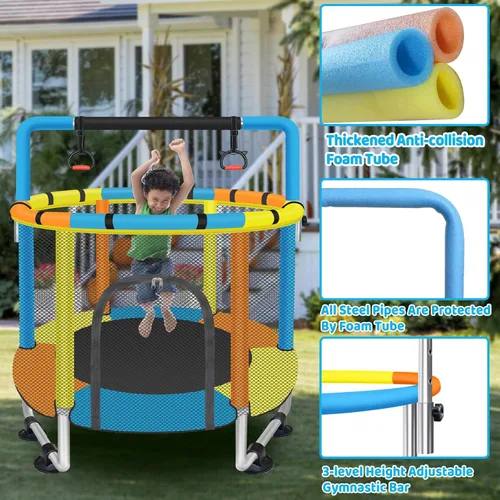 Miniatura 4 de Trampolín para niños de 1 a 8 años, trampolín pequeño de 55 pulgadas con red de seguridad y barra de gimnasia ajustable, mini trampolines para bebés