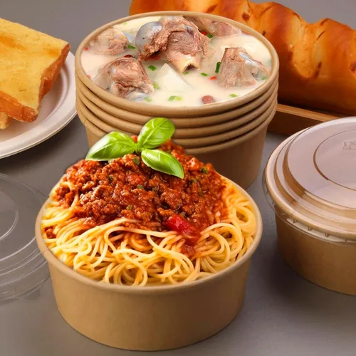 Miniatura 6 de Tazones desechables de 25 onzas con tapas, paquete de 25 tazones grandes de papel kraft con tapas, recipiente redondo de papel para alimentos fríos