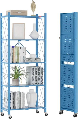 Miniatura 15 de DEANIC Estantería plegable de 5 estantes con ruedas, Estantería rodante de almacenamiento de servicio pesado, Unidad de estantería de alambre