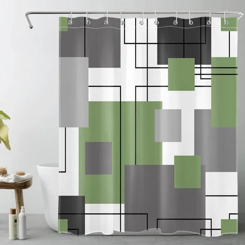 Miniatura 24 de LB Cortina de ducha geométrica a rayas grises y blancas, cortinas de ducha abstractas de mediados de siglo verde salvia para baño, 72 x 72 pulgadas
