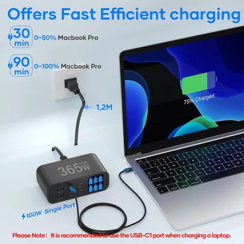 Miniatura 4 de Cargador USB C de 6 puertos con pantalla LED de brillo ajustable, estación de carga USB, cargador rápido multipuerto PD 100 W 65 W QC 3.0 compatible
