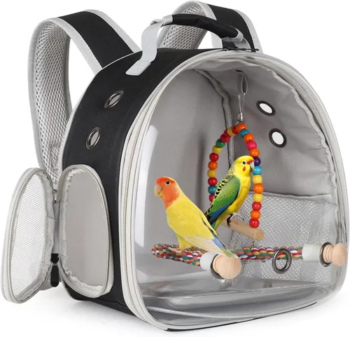 Miniatura 16 de Jaula portátil de viaje para loros con juguete pequeño oscilante y jaula, juego de juguetes coloridos para pájaros pequeños, bolsa de periquito