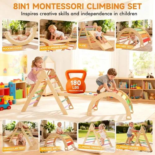 Miniatura 4 de Juego de triángulo Pikler grande con almohadón, gimnasio de la jungla plegable de 7 en 1 con rampa y arco, juguetes de escalada montessori de madera