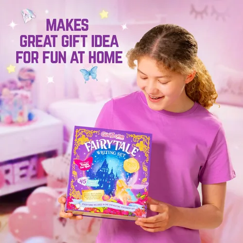 Miniatura 8 de GirlZone Princess Stationery Set - Juego de 45 piezas para escribir letras de cuento de hadas, papel multicolor con letras de hadas y sobres, sellos