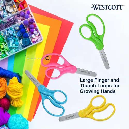 Miniatura 11 de Westcott Tijeras para niños de mango duro de 5 pulgadas, romas, colores surtidos, paquete de 2