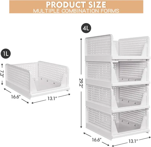 Miniatura 3 de Caktraie - 4 paquete de cestas de almacenamiento apilables para armario - Cajas de almacenamiento apilables, organizador de armario plegable