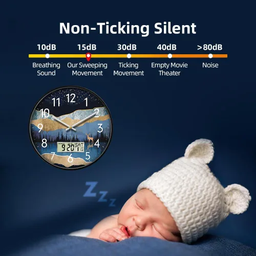 Miniatura 6 de Reloj de pared analógico silencioso con fecha y temperatura, reloj de pared digital de 12 pulgadas sin tictac, funciona con pilas, reloj de pared