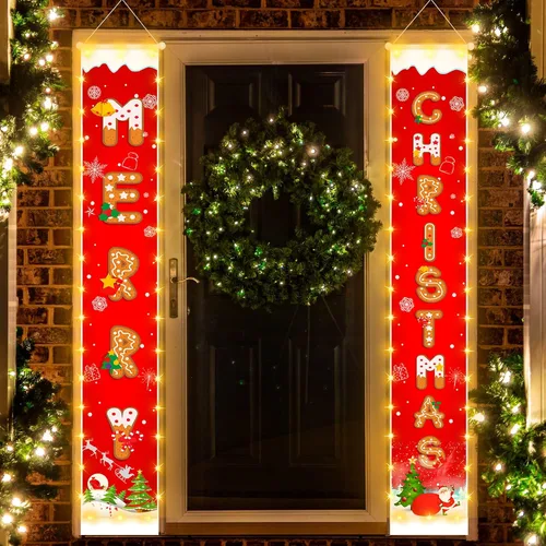 Cartel de decoración de Navidad colgante al aire libre - Cartel rojo colgante con patrón de galletas y tira de luces para decoración de fiesta de