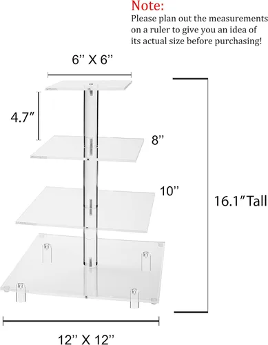 Miniatura 2 de Jusalpha, soporte de acrílico para pastel, cuadrado y resistente, con 4 niveles, torre para exhibir postres, Transparente