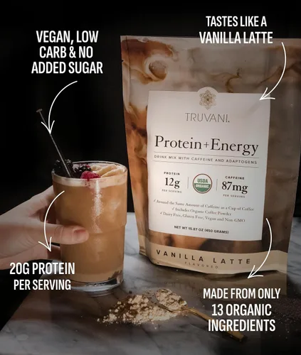 Miniatura 3 de Truvani Mezcla de proteína + bebida energética con 87 mg de cafeína, sabor a leche de vainilla, 0.44 onzas de proteína orgánica a base de plantas