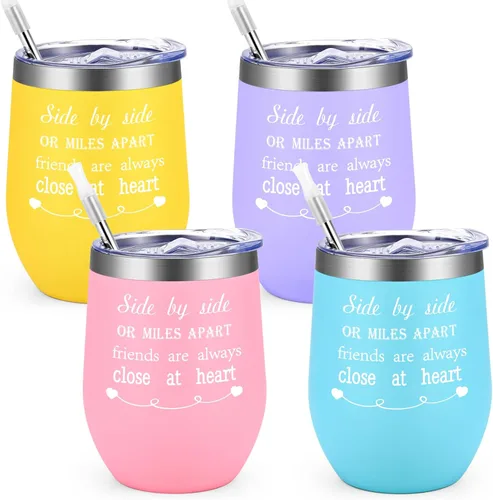 GINGPROUS Juego de 4 vasos de vino de acero inoxidable de 12 onzas con tapa y pajilla, paquete de 4 vasos de vino para niñas, viajes, amistad,