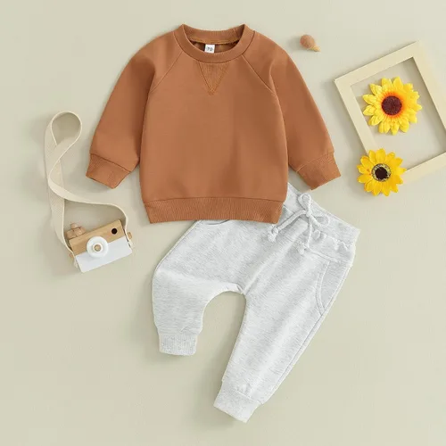 Miniatura 65 de Conjunto de 2 piezas de sudadera de manga larga con cuello redondo y pantalones casuales para bebés y niños pequeños