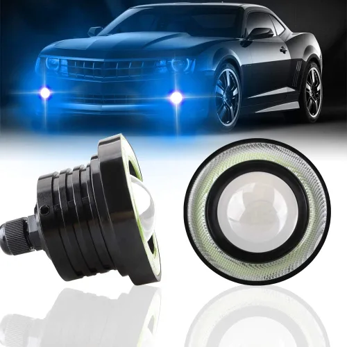 Miniatura 8 de 2 piezas de Faros antiniebla súper brillantes de 6 cm, proyector universal LED, 12V, 10W, azul, halo COB, anillos de ojo de ángel, para faro