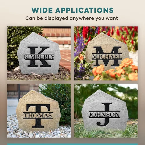 Miniatura 8 de Letrero de piedra con monograma personalizado con nombre, roca de jardín, roca de paisaje, color gris, grabado, 15 pulgadas de ancho x 15 pulgadas