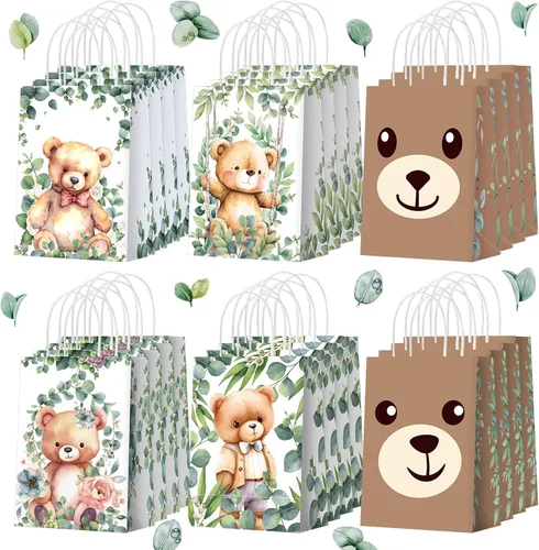 Yeaqee - 24 bolsas de regalo de papel con asas para fiesta de oso lindo tema de oso con asas, bolsas de dulces para baby shower, fiestas de bosque,