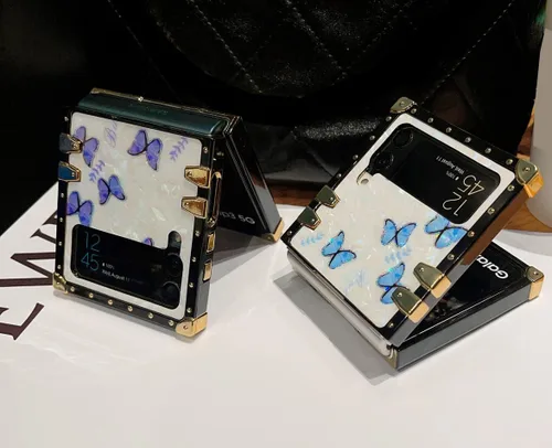 Miniatura 5 de Funda de mariposa con soporte de anillo para Galaxy Z Flip 3 para mujeres y niñas, diseño de caja cuadrada de lujo, diseño de mármol brillante