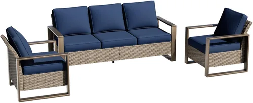 Miniatura 28 de Sofá de Mimbre Metálico para Patio de 75", Sofá Sillón de Ratán para Exteriores de 3 Asientos para Todo Tipo de Clima con Cojines Premium y Beige