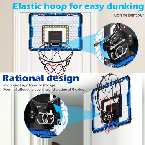 Miniatura 4 de Indoor Basketball Hoop for Kids, Over The Door Mini Basketball Hoop Set with LED Lights, Scoreboard, 4 Balls & Sound Effects - Indoor Toys Gift for