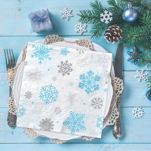 Miniatura 4 de Servilletas de invierno con copos de nieve para decoración de fiesta, diseño de copo de nieve de invierno, azul y blanco del país de las maravillas