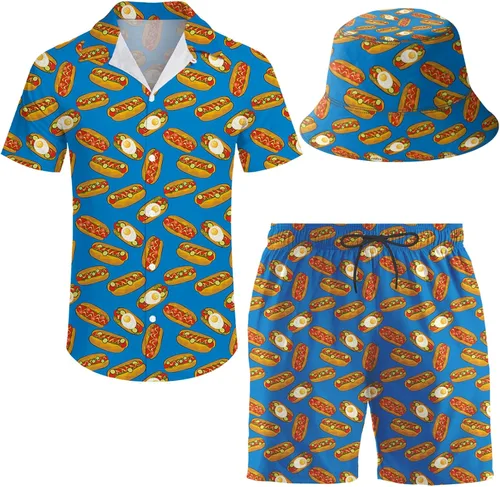 Miniatura 34 de Conjunto deportivo de 2 piezas para hombre, camisa hawaiana, pantalones cortos, camisa con botones y pantalones cortos con sombreros de pescador