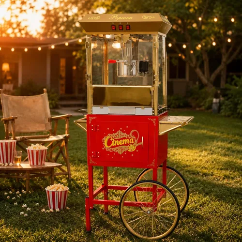 Miniatura 15 de Máquina comercial de palomitas de maíz con carrito y ruedas, máquina para hacer palomitas de maíz con hervidor de acero inoxidable de 24 onzas, Rojo