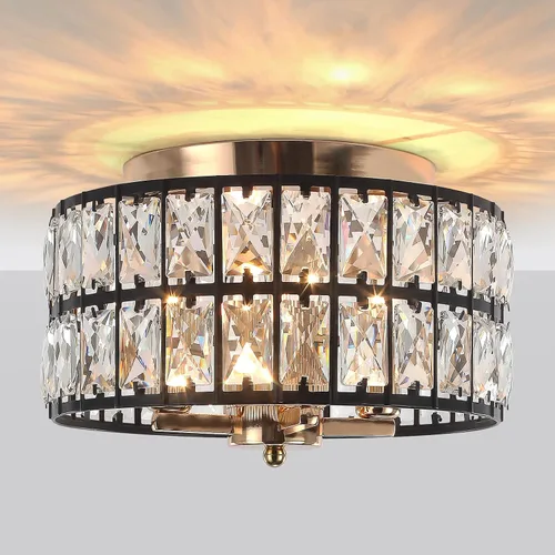 Lámpara de techo empotrada negra y dorada: Lámpara de techo de cristal de 4 luces de 11.22 pulgadas con cristales K9 - Moderna lámpara de techo para
