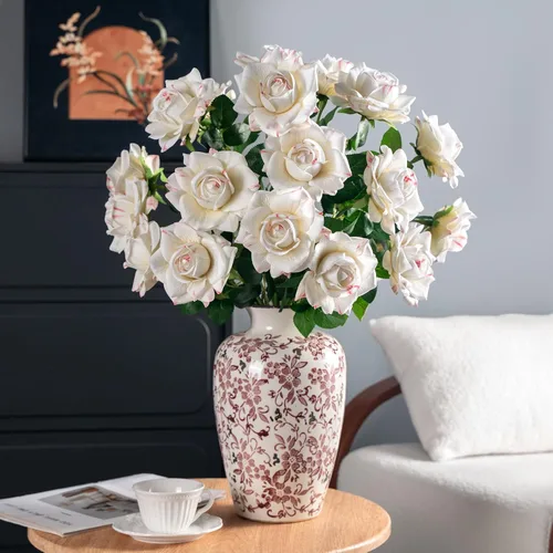 Miniatura 11 de Flores artificiales, rosas artificiales, rosas falsas de 23.2 pulgadas de tallo largo, flores artificiales para jarrón alto, rosa de seda, 20 Blanco