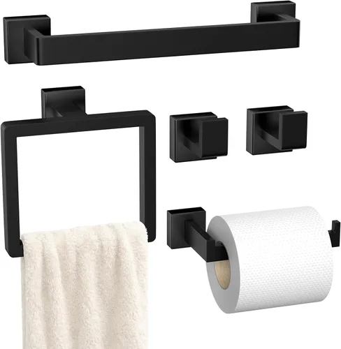 Juego de accesorios de baño de 5 piezas en negro mate, juego de barras de toallas de baño de acero inoxidable SUS304, toalleros para baño montados