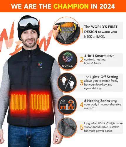 Miniatura 2 de DOACE Chaleco térmico mejorado para hombres y mujeres, chaleco de calefacción eléctrica inteligente, chaqueta térmica ligera (batería no incluida)