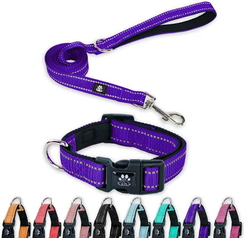 Miniatura 10 de FURRYFECTION Juego de collar y correa reflectante para perro con hebilla de liberación rápida, acolchado con collar de nailon ajustable de neopreno